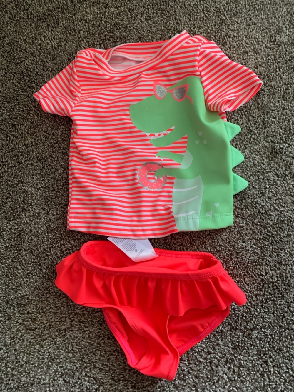Carter's Pink Striped & Green Dino Two-Piece Swim Set